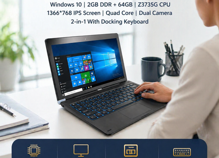 Tablette PC Windows 10 11,6″ – 2 Go DDR + 64 Go ROM – Processeur Intel Atom Z3735G Quad Core – Écran IPS 1366×768 Tactile 10 Points – 2 en 1 avec Clavier Docking – Batterie 9000 mAh – Modèle G12