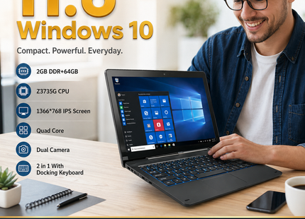 Tablette PC Windows 10 11,6″ – 2 Go DDR + 64 Go ROM – Processeur Intel Atom Z3735G Quad Core – Écran IPS 1366×768 Tactile 10 Points – 2 en 1 avec Clavier Docking – Batterie 9000 mAh – Modèle G12
