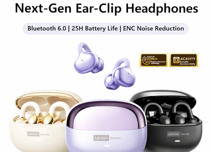 Casque Bluetooth Lenovo Pro LE3  : Réduction de Bruit Active, 25h d'Autonomie, Écouteurs Sport Clip Ear (IPX4, Bluetooth 6.0) - Gris/Violet/Beige/Rose