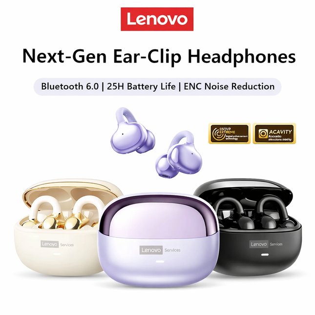 Casque Bluetooth Lenovo Pro LE3  : Réduction de Bruit Active, 25h d'Autonomie, Écouteurs Sport Clip Ear (IPX4, Bluetooth 6.0) - Gris/Violet/Beige/Rose