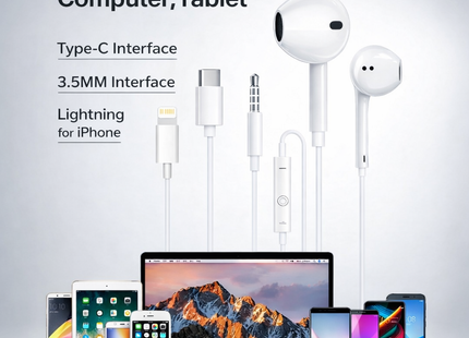 Écouteurs Filaire Type-C & Lightning Compatibles iPhone 8 à 17 Pro Max | Casque Intra-auriculaire avec ANC pour iPad, MacBook