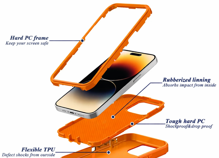 3-Layer Military-Grade Shockproof Case with Kickstand | For iPhone 17 Pro Max, 16, 15, 14, 13, 12, 11 Pro Max Plus, etc. | Heavy-Duty PC + TPU Protection