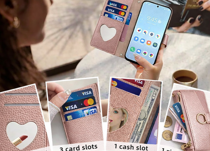 Pochette Bandoulière Zip Cuir PU avec Miroir | Pour iPhone 16 Pro Max 16E 15 Plus 14 13 12 11 X XR | Étui Portefeuille Flip et Dragonne Longue