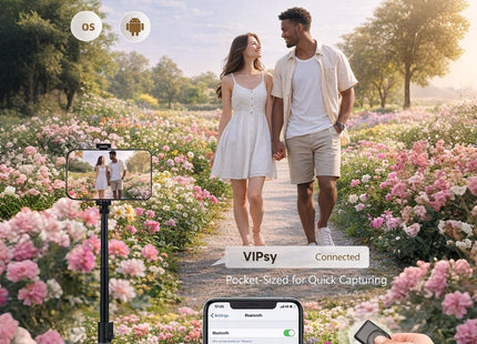 Palo selfie de 170 cm con trípode, rotación de 360°, control remoto Bluetooth, compatible con teléfonos inteligentes y cámaras iOS/Android.