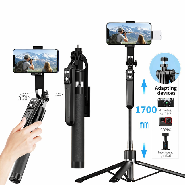 Perche à Selfie 170cm avec Trépied - Rotation 360°, Télécommande Bluetooth, Compatible Smartphones iOS/Android & Caméras