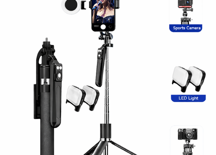 Palo selfie de 170 cm con trípode, rotación de 360°, control remoto Bluetooth, compatible con teléfonos inteligentes y cámaras iOS/Android.