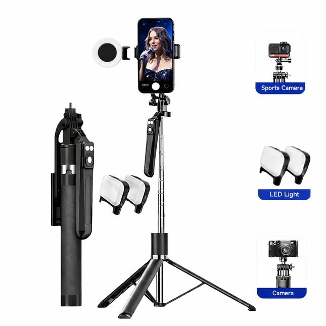 Perche à Selfie 170cm avec Trépied - Rotation 360°, Télécommande Bluetooth, Compatible Smartphones iOS/Android & Caméras