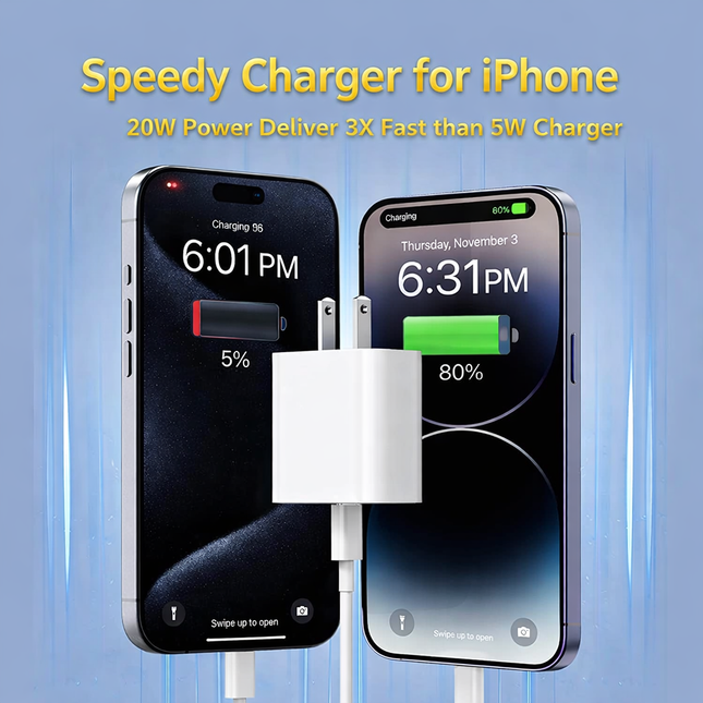 Chargeur Secteur 20W PD + Câble USB-C vers Lightning 3m (10ft) - Charge Rapide pour iPhone 14 13 12 11 Pro Max XR iPad AirPods
