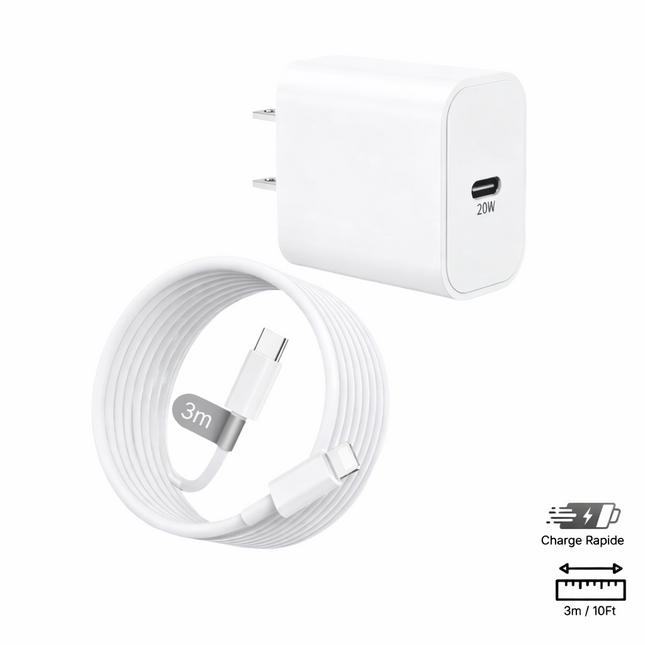 Chargeur Secteur 20W PD + Câble USB-C vers Lightning 3m (10ft) - Charge Rapide pour iPhone 14 13 12 11 Pro Max XR iPad AirPods