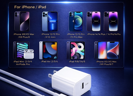 Cargador de pared PD de 20 W + cable USB-C a Lightning de 3 m (10 pies) - Carga rápida para iPhone 14, 13, 12, 11 Pro Max, XR, iPad, AirPods