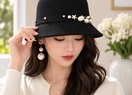 Chapeau Fedora Vintage Femme – Seau Casquette Solide – Nœud en Laine Feutrée – Chapeau d’Hiver et d’Automne – Dôme Feutré – Mariage, Église, Jazz – Melon – Noir, Vin Rouge, Kaki – Taille 56-58 cm