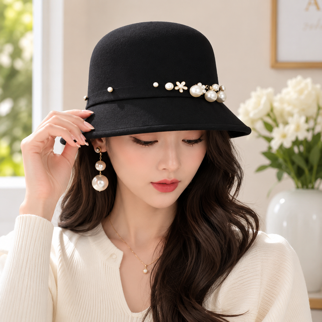Chapeau Fedora Vintage Femme – Seau Casquette Solide – Nœud en Laine Feutrée – Chapeau d’Hiver et d’Automne – Dôme Feutré – Mariage, Église, Jazz – Melon – Noir, Vin Rouge, Kaki – Taille 56-58 cm