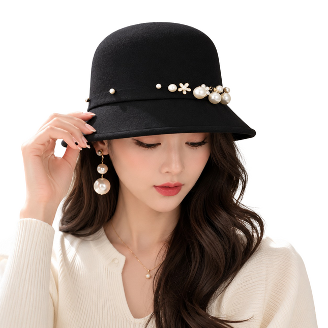 Chapeau Fedora Vintage Femme – Seau Casquette Solide – Nœud en Laine Feutrée – Chapeau d’Hiver et d’Automne – Dôme Feutré – Mariage, Église, Jazz – Melon – Noir, Vin Rouge, Kaki – Taille 56-58 cm