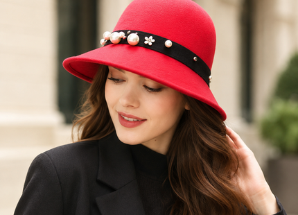 Chapeau Fedora Vintage Femme – Seau Casquette Solide – Nœud en Laine Feutrée – Chapeau d’Hiver et d’Automne – Dôme Feutré – Mariage, Église, Jazz – Melon – Noir, Vin Rouge, Kaki – Taille 56-58 cm