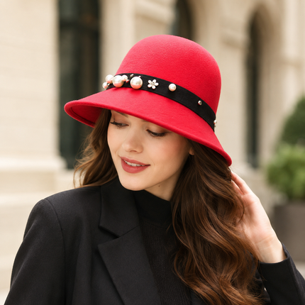 Women's Vintage Fedora Hat – Solid Bucket Cap – Felt Wool Bow – Winter and Autumn Hat – Felt Dome – Wedding, Church, Jazz – Bowler – Black, Wine Red, Khaki – Size 56-58 cm