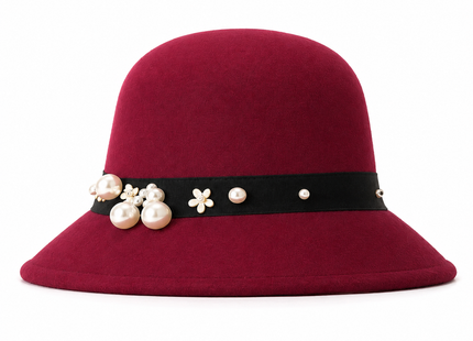 Chapeau Fedora Vintage Femme – Seau Casquette Solide – Nœud en Laine Feutrée – Chapeau d’Hiver et d’Automne – Dôme Feutré – Mariage, Église, Jazz – Melon – Noir, Vin Rouge, Kaki – Taille 56-58 cm