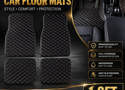 Tapis de Sol Automobile en Cuir PU – Lot 4 Pièces (2 Avant + 2 Arrière) – Universel Étanche – Antidérapant, Anti-Poussière, Ignifugé – Tous Temps – Accessoires Intérieurs Haut de Gamme – Noir avec Lignes (Bleu/Doré/Rouge/Noir)