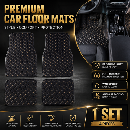 Tapis de Sol Automobile en Cuir PU – Lot 4 Pièces (2 Avant + 2 Arrière) – Universel Étanche – Antidérapant, Anti-Poussière, Ignifugé – Tous Temps – Accessoires Intérieurs Haut de Gamme – Noir avec Lignes (Bleu/Doré/Rouge/Noir)