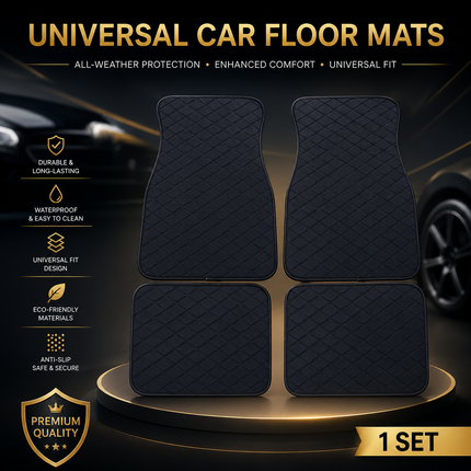 Tapis de Sol Automobile en Cuir PU – Lot 4 Pièces (2 Avant + 2 Arrière) – Universel Étanche – Antidérapant, Anti-Poussière, Ignifugé – Tous Temps – Accessoires Intérieurs Haut de Gamme – Noir avec Lignes (Bleu/Doré/Rouge/Noir)