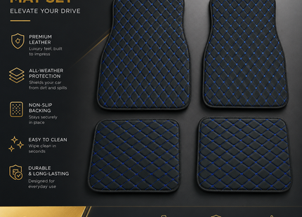Tapis de Sol Automobile en Cuir PU – Lot 4 Pièces (2 Avant + 2 Arrière) – Universel Étanche – Antidérapant, Anti-Poussière, Ignifugé – Tous Temps – Accessoires Intérieurs Haut de Gamme – Noir avec Lignes (Bleu/Doré/Rouge/Noir)