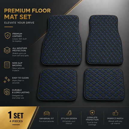 Tapis de Sol Automobile en Cuir PU – Lot 4 Pièces (2 Avant + 2 Arrière) – Universel Étanche – Antidérapant, Anti-Poussière, Ignifugé – Tous Temps – Accessoires Intérieurs Haut de Gamme – Noir avec Lignes (Bleu/Doré/Rouge/Noir)