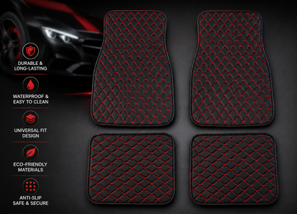 Tapis de Sol Automobile en Cuir PU – Lot 4 Pièces (2 Avant + 2 Arrière) – Universel Étanche – Antidérapant, Anti-Poussière, Ignifugé – Tous Temps – Accessoires Intérieurs Haut de Gamme – Noir avec Lignes (Bleu/Doré/Rouge/Noir)