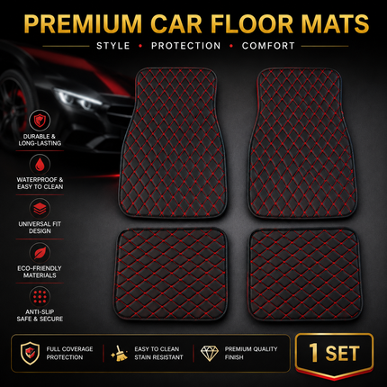 Tapis de Sol Automobile en Cuir PU – Lot 4 Pièces (2 Avant + 2 Arrière) – Universel Étanche – Antidérapant, Anti-Poussière, Ignifugé – Tous Temps – Accessoires Intérieurs Haut de Gamme – Noir avec Lignes (Bleu/Doré/Rouge/Noir)