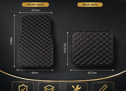 Tapis de Sol Automobile en Cuir PU – Lot 4 Pièces (2 Avant + 2 Arrière) – Universel Étanche – Antidérapant, Anti-Poussière, Ignifugé – Tous Temps – Accessoires Intérieurs Haut de Gamme – Noir avec Lignes (Bleu/Doré/Rouge/Noir)