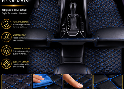Tapis de Sol Automobile en Cuir PU – Lot 4 Pièces (2 Avant + 2 Arrière) – Universel Étanche – Antidérapant, Anti-Poussière, Ignifugé – Tous Temps – Accessoires Intérieurs Haut de Gamme – Noir avec Lignes (Bleu/Doré/Rouge/Noir)