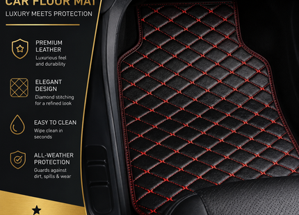 Tapis de Sol Automobile en Cuir PU – Lot 4 Pièces (2 Avant + 2 Arrière) – Universel Étanche – Antidérapant, Anti-Poussière, Ignifugé – Tous Temps – Accessoires Intérieurs Haut de Gamme – Noir avec Lignes (Bleu/Doré/Rouge/Noir)