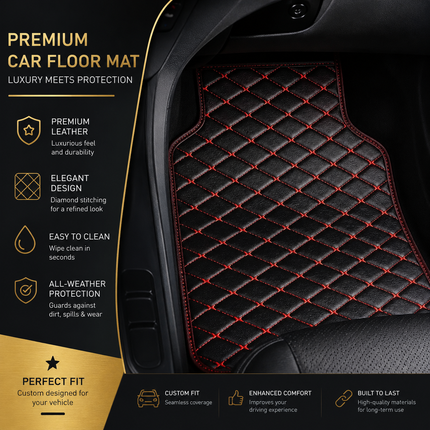 Tapis de Sol Automobile en Cuir PU – Lot 4 Pièces (2 Avant + 2 Arrière) – Universel Étanche – Antidérapant, Anti-Poussière, Ignifugé – Tous Temps – Accessoires Intérieurs Haut de Gamme – Noir avec Lignes (Bleu/Doré/Rouge/Noir)