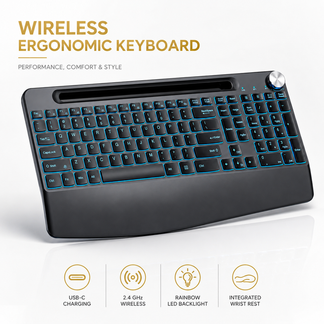 Clavier Sans Fil Rétroéclairé 7 Couleurs – Ergonomique Pleine Taille avec Repose-Poignet – Support pour Téléphone – Rechargeable USB-C – Batterie 1500 mAh – Touches Silencieuses – Compatible Windows, Mac, Chromebook – Certifié CE/FCC/ROHS