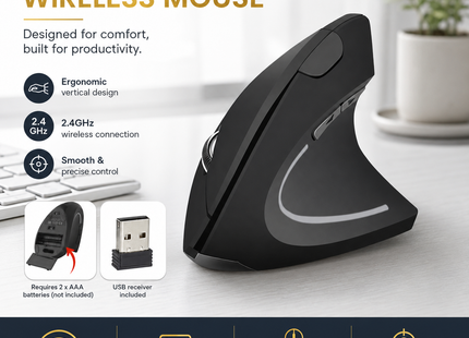 Souris Verticale Sans Fil Ergonomique – Confort Optimal pour Main Droite – 3 Niveaux DPI Réglables – Alimentation par Piles AAA – Connexion 2,4 GHz – Plug-and-Play – Idéal pour Bureautique et Gaming