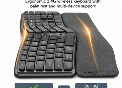 Clavier Ergonomique Sans Fil 2,4 GHz – Conception Divisée Naturelle – Repose-Poignets Intégré – Inclinaisons Réglables – 111 Touches avec Pavé Numérique – Touches Silencieuses et Réactives – Rechargeable – Compatible PC, Mac, Tablet