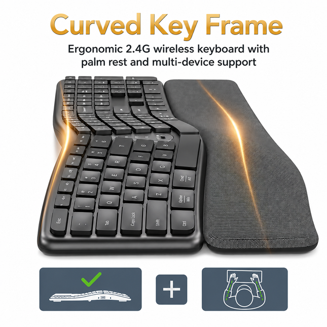Clavier Ergonomique Sans Fil 2,4 GHz – Conception Divisée Naturelle – Repose-Poignets Intégré – Inclinaisons Réglables – 111 Touches avec Pavé Numérique – Touches Silencieuses et Réactives – Rechargeable – Compatible PC, Mac, Tablet