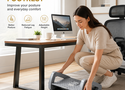 Repose-Pieds Ergonomique sous le Bureau – Avec Rouleaux de Massage – Repose-Jambes pour Soulager la Douleur – Hauteur Réglable – Design Moderne – Idéal pour le Travail à Domicile ou au Bureau – Plastique Durable – Assemblage Simple