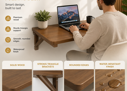 Table Pliante Murale en Bois de Noyer – 61×41 cm ou 81×61 cm – Design Minimaliste – Charge Maximale 136 kg – Bois de Pin Naturel Écologique – Mécanisme à Dégagement Simple – Pour Cuisine, Bureau, Buanderie, Bar, Salon