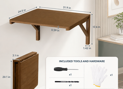 Table Pliante Murale en Bois de Noyer – 61×41 cm ou 81×61 cm – Design Minimaliste – Charge Maximale 136 kg – Bois de Pin Naturel Écologique – Mécanisme à Dégagement Simple – Pour Cuisine, Bureau, Buanderie, Bar, Salon
