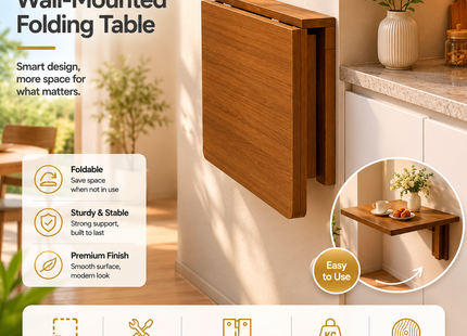 Table Pliante Murale en Bois de Noyer – 61×41 cm ou 81×61 cm – Design Minimaliste – Charge Maximale 136 kg – Bois de Pin Naturel Écologique – Mécanisme à Dégagement Simple – Pour Cuisine, Bureau, Buanderie, Bar, Salon