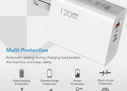 Cargador de pared rápido 2 en 1 de 120 W – Doble puerto USB-A y USB-C PD – Adaptador de corriente universal para iPhone, Samsung, Xiaomi, Redmi – Enchufe estadounidense