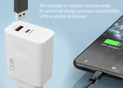 Cargador de pared rápido 2 en 1 de 120 W – Doble puerto USB-A y USB-C PD – Adaptador de corriente universal para iPhone, Samsung, Xiaomi, Redmi – Enchufe estadounidense