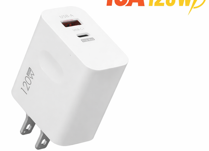 Cargador de pared rápido 2 en 1 de 120 W – Doble puerto USB-A y USB-C PD – Adaptador de corriente universal para iPhone, Samsung, Xiaomi, Redmi – Enchufe estadounidense