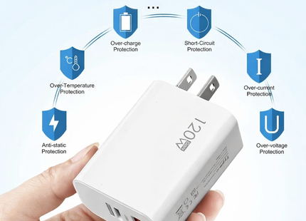 Cargador de pared rápido 2 en 1 de 120 W – Doble puerto USB-A y USB-C PD – Adaptador de corriente universal para iPhone, Samsung, Xiaomi, Redmi – Enchufe estadounidense