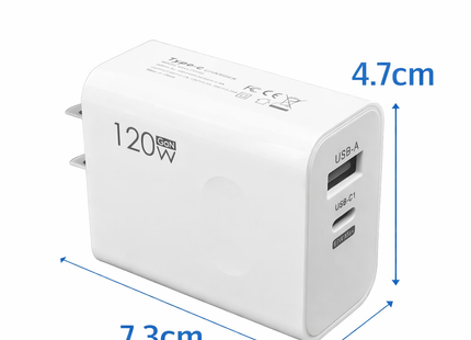 Cargador de pared rápido 2 en 1 de 120 W – Doble puerto USB-A y USB-C PD – Adaptador de corriente universal para iPhone, Samsung, Xiaomi, Redmi – Enchufe estadounidense