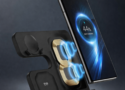 Station de Charge Sans Fil 3-en-1 Pliable 15W – Chargeur Qi Compatible Samsung Galaxy Z Fold / Z Flip / Galaxy S/ Galaxy Note, iPhone, AirPods, Google Pixel , Huawei FreeBuds, Liberty Air, Galaxy Watch, Galaxy Buds – Support Incliné avec Témoin LED