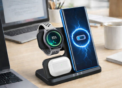 Station de Charge Sans Fil 3-en-1 Pliable 15W – Chargeur Qi Compatible Samsung Galaxy Z Fold / Z Flip / Galaxy S/ Galaxy Note, iPhone, AirPods, Google Pixel , Huawei FreeBuds, Liberty Air, Galaxy Watch, Galaxy Buds – Support Incliné avec Témoin LED
