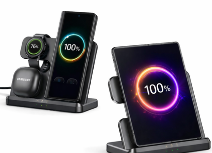 Station de Charge Sans Fil 3-en-1 Pliable 15W – Chargeur Qi Compatible Samsung Galaxy Z Fold / Z Flip / Galaxy S/ Galaxy Note, iPhone, AirPods, Google Pixel , Huawei FreeBuds, Liberty Air, Galaxy Watch, Galaxy Buds – Support Incliné avec Témoin LED