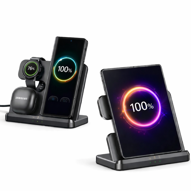 Station de Charge Sans Fil 3-en-1 Pliable 15W – Chargeur Qi Compatible Samsung Galaxy Z Fold / Z Flip / Galaxy S/ Galaxy Note, iPhone, AirPods, Google Pixel , Huawei FreeBuds, Liberty Air, Galaxy Watch, Galaxy Buds – Support Incliné avec Témoin LED