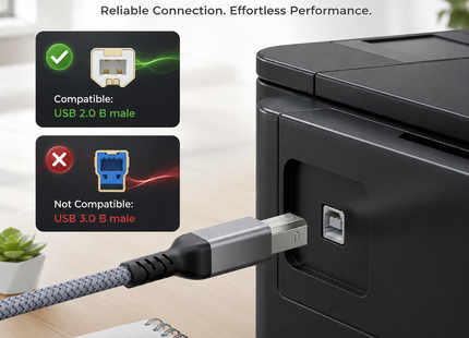 Câble d’Imprimante USB 2.0 Haute Vitesse – USB Type A vers Type B – Longueurs 6Ft à 100Ft (2M à 30M) – Tressé Nylon, Connecteurs Dorés, Blindage Supérieur – Compatible PC, Mac, Chromebook, Imprimante, Scanner, Clavier MIDI, Amplificateur – Gris