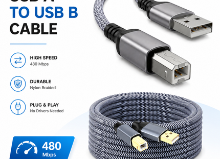 Câble d’Imprimante USB 2.0 Haute Vitesse – USB Type A vers Type B – Longueurs 6Ft à 100Ft (2M à 30M) – Tressé Nylon, Connecteurs Dorés, Blindage Supérieur – Compatible PC, Mac, Chromebook, Imprimante, Scanner, Clavier MIDI, Amplificateur – Gris